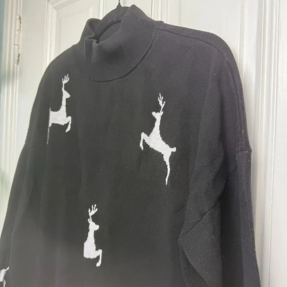 Jingle Belles Kim Gravel Reindeer Mock Neck Sweater Womens XL Black White